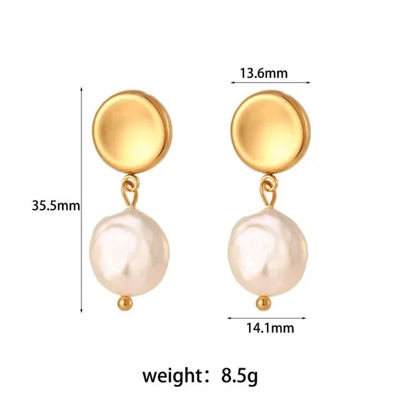 18K Gold Plated Round Stud Fresh Water Pearl Drop Earrings Stainless Steel - Picture 8 of 8